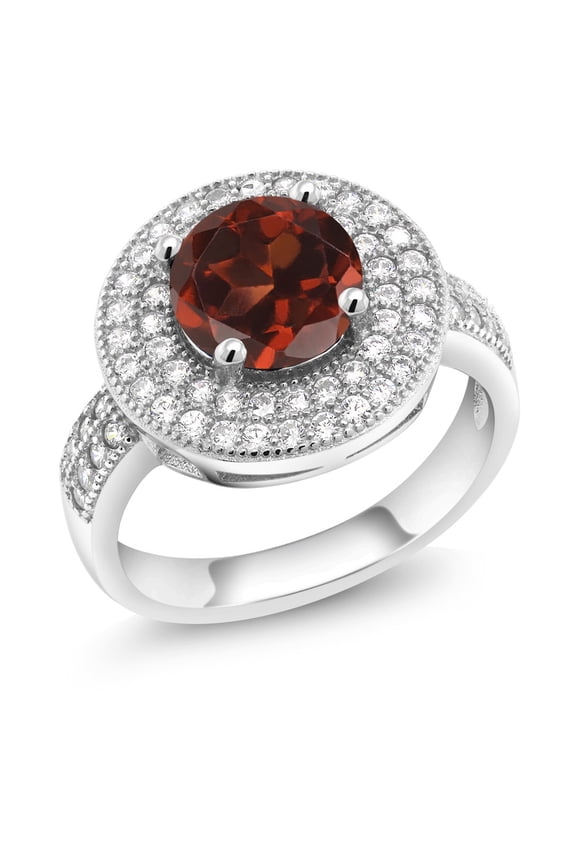 2.76 Ct Round Red Garnet 925 Sterling Silver Gemstone Birthstone Ring (Center Garnet 8mm, Size 5)