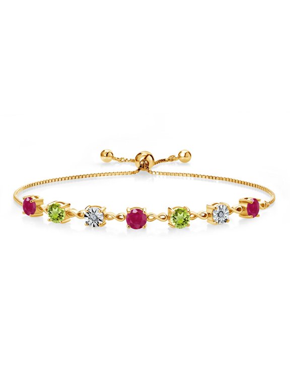 2.76 Ct Round Red Ruby Green Peridot 18K Yellow Gold Plated Silver Lab Grown Diamond Tennis Bracelet for Women (Fully Adjustable up to 9 inch)