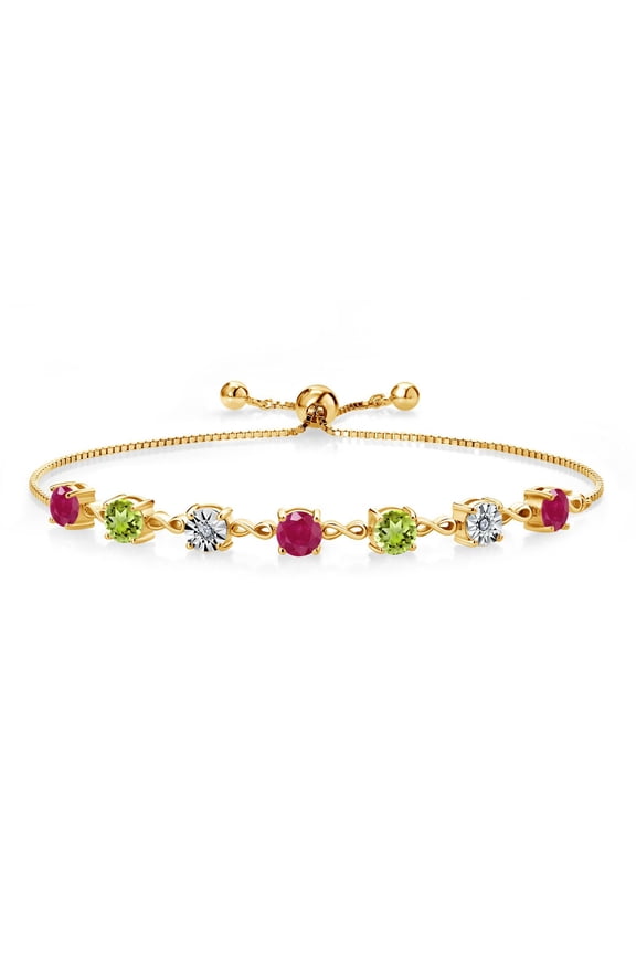 2.76 Ct Round Red Ruby Green Peridot 18K Yellow Gold Plated Silver Lab Grown Diamond Tennis Bracelet for Women (Fully Adjustable up to 9 inch)