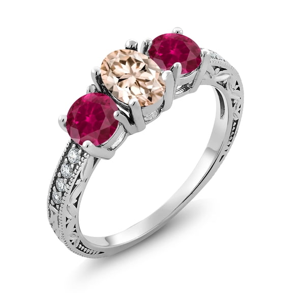 Gem Stone King 2.77 Ct Oval Peach Morganite Red Created Ruby 925 Sterling Silver Moissanite Ring (Size 9)