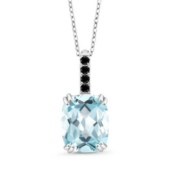 Gem Stone King 2.77 Ct Sky Blue Simulated Aquamarine Black Diamond 925 Sterling Silver Pendant with Chain