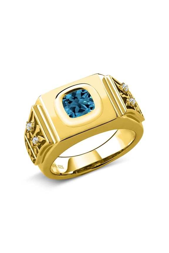 2.78 Ct Cushion London Blue Topaz 18K Yellow Gold Plated Silver Men's Ring (Size 9)