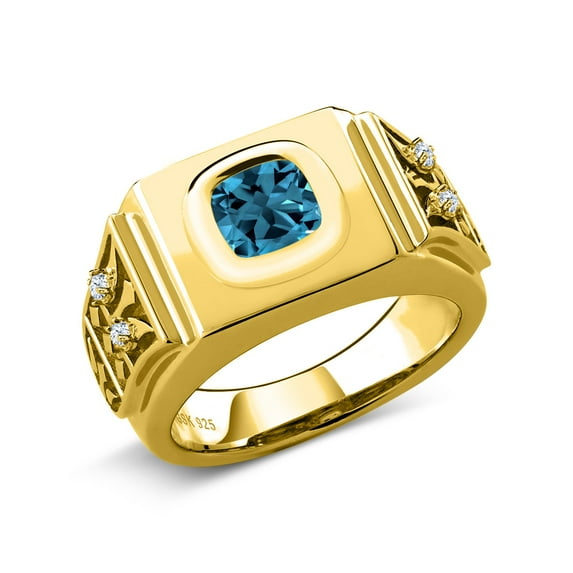 Gem Stone King 2.78 Ct Cushion London Blue Topaz 18K Yellow Gold Plated Silver Men's Ring (Size 10)