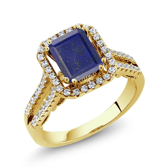 Gem Stone King 2.78 Ct Emerald Cut Blue Lapis 18K Yellow Gold Plated Silver Ring