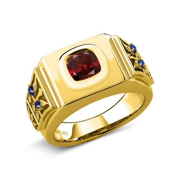 Gem Stone King 2.78 Cttw Red Garnet and Created Sapphire 18K Yellow Gold Plated Silver Ring for Men | Size 10