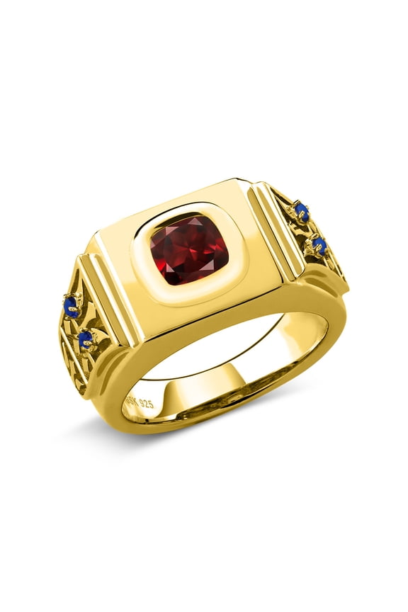 2.78 Cttw Red Garnet and Created Sapphire 18K Yellow Gold Plated Silver Ring for Men | Size 12