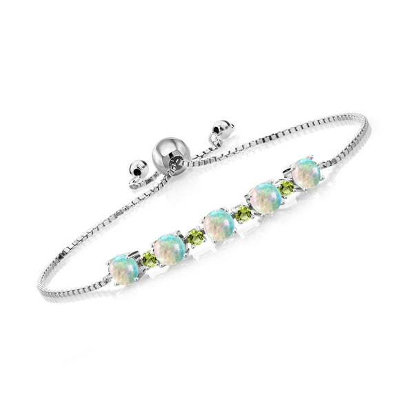 Gem Stone King 2.78 Ct Round Cabochon White Simulated Opal Green Peridot 925 Silver Tennis Bracelet for Women