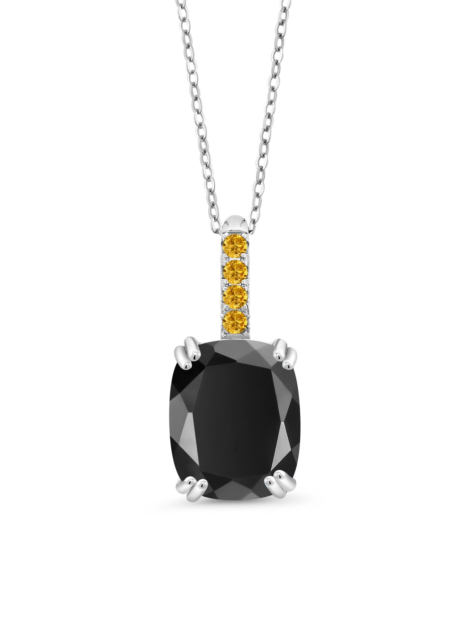 Gem Stone King 2.79 Ct Black Onyx Yellow Created Sapphire 925 Sterling Silver Pendant with Chain