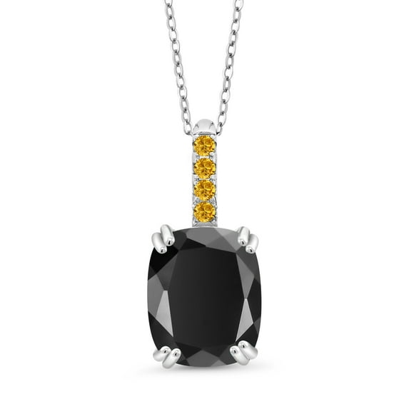 Gem Stone King 2.79 Ct Black Onyx Yellow Created Sapphire 925 Sterling Silver Pendant with Chain