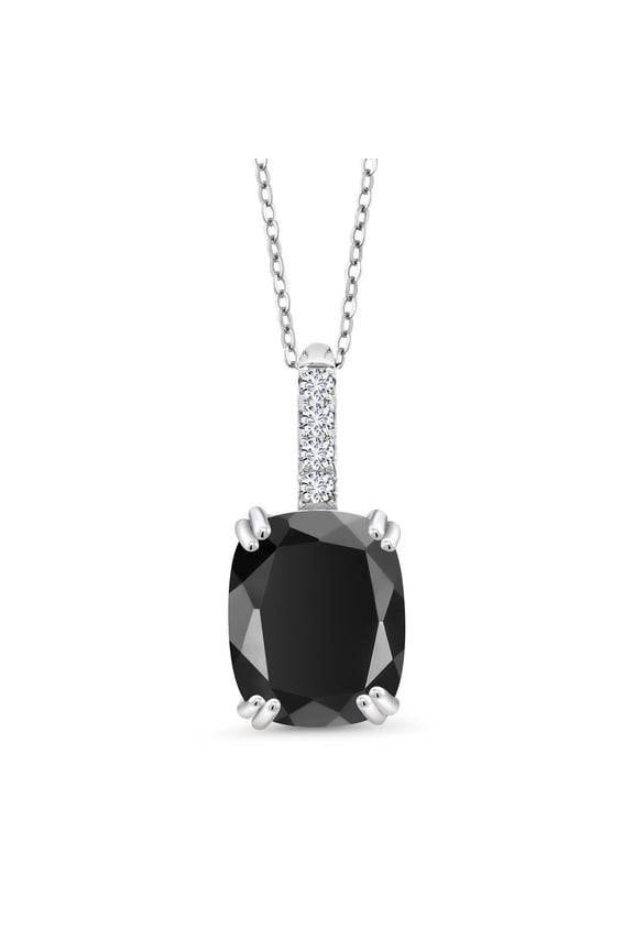 2.79 Cttw Black Onyx and White Lab Grown Diamond Pendant Necklace for Women set in 925 Sterling Silver | Gemstone Birthstone | Cushion Cut 10X8MM | With 18 inch Silver Chain