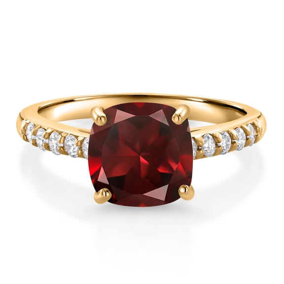 Gem Stone King 2.80 Ct Cushion Red Garnet G/H Lab Grown Diamond 10K Yellow Gold Engagement Ring (Size 8)