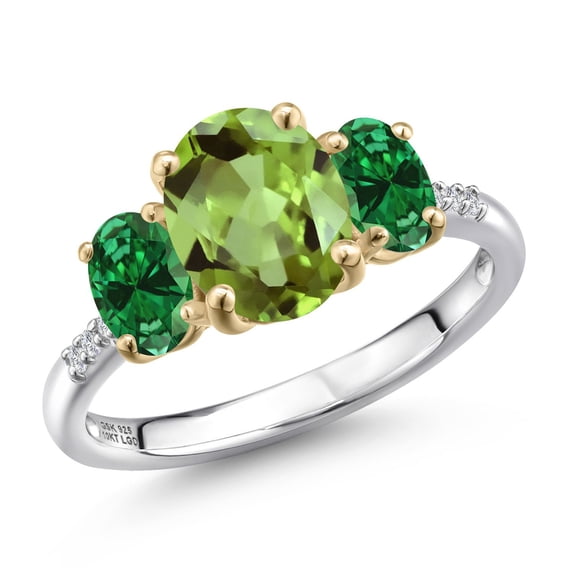 Gem Stone King 925 Silver and 10K Yellow Gold Green Peridot and Green Created Emerald and Lab Grown Diamond Engagement Ring for Women | 2.86 Cttw | Oval 9X7MM | August Birthstone | Size 6