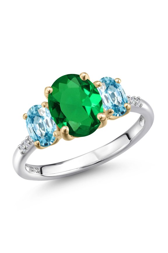 925 Silver and 10K Yellow Gold Green Nano Emerald and Blue Zircon and Lab Grown Diamond Engagement Ring for Women | 2.86 Cttw | Oval 9X7MM | May Birthstone | Size 7