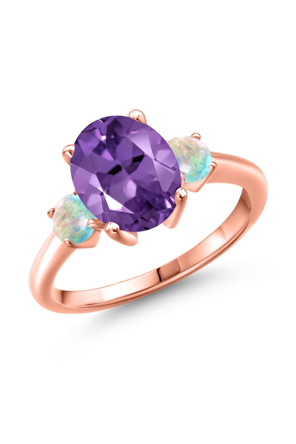 2.80 Ct Oval Purple Amethyst White Simulated Opal 18K Rose Gold Plated Silver Ring (Size 6)