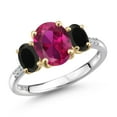 thumbnail image 1 of Gem Stone King 925 Silver and 10K Yellow Gold Red Created Ruby and Black Onyx and Lab Grown Diamond Engagement Ring for Women | 2.86 Cttw | Oval 9X7MM | July Birthstone | Size 8, 1 of 6