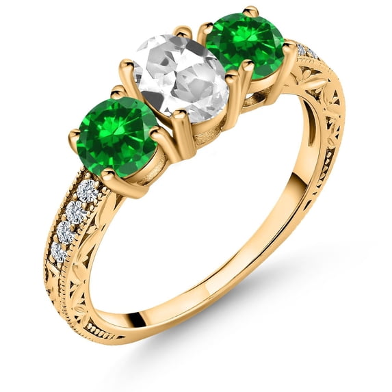 Gem Stone King 2.80 Ct White Created Sapphire Green Created Emerald 18K Yellow Gold Plated Silver Ring (Size 5)