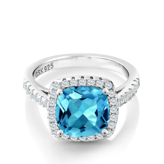 Gem Stone King 2.80 Cttw Swiss Blue Topaz and White Created Sapphire Engagement Ring for Women | 925 Sterling Silver | Cushion Cut 8MM | Available in Size 5, 6, 7, 8, 9