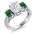 thumbnail image 1 of Gem Stone King 2.80 Cttw White Moissanite and Green Created Emerald 3-Stone Engagement Ring for Women | 925 Sterling Silver | Three Stone Wedding Anniversary Promise Ring for Women, 1 of 6