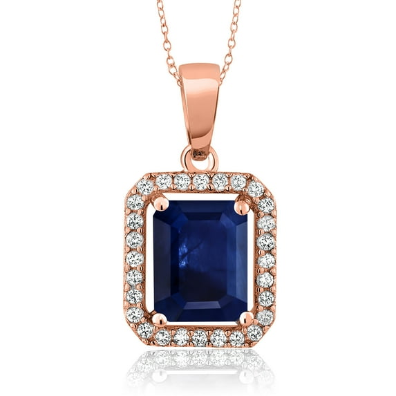 Gem Stone King 2.81 Ct Octagon Blue Sapphire 18K Rose Gold Plated Silver Pendant