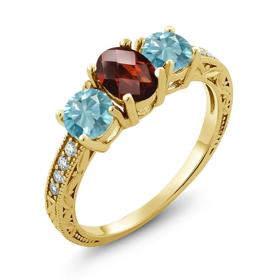 Gem Stone King 2.82 Ct Oval Checkerboard Red Garnet Blue Zircon 18K Yellow Gold Plated Silver Moissanite Ring (Size 9)