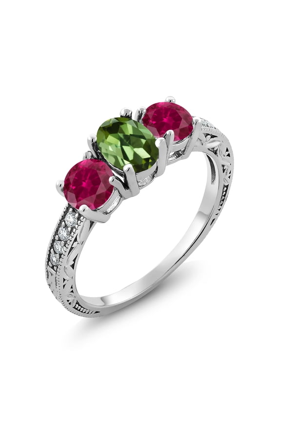 2.82 Ct Oval Green Tourmaline Red Created Ruby 925 Sterling Silver Moissanite Ring (Size 6)