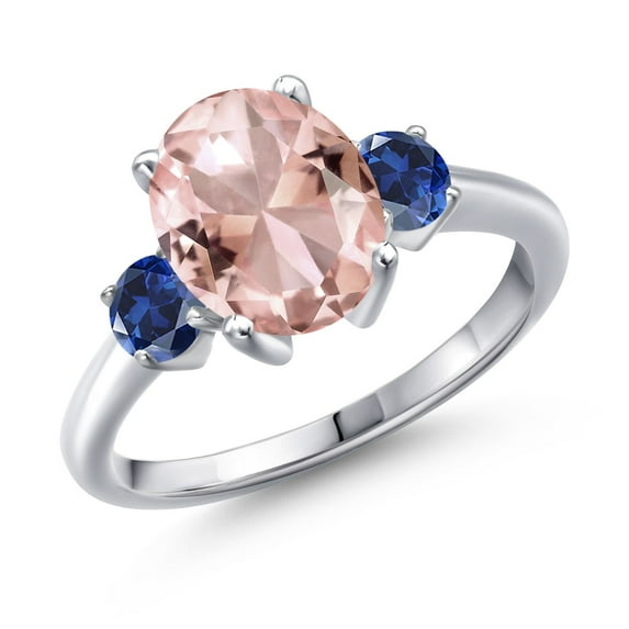 Gem Stone King 2.82 Ct Oval Peach Nano Morganite Blue Created Sapphire 925 Sterling Silver Ring