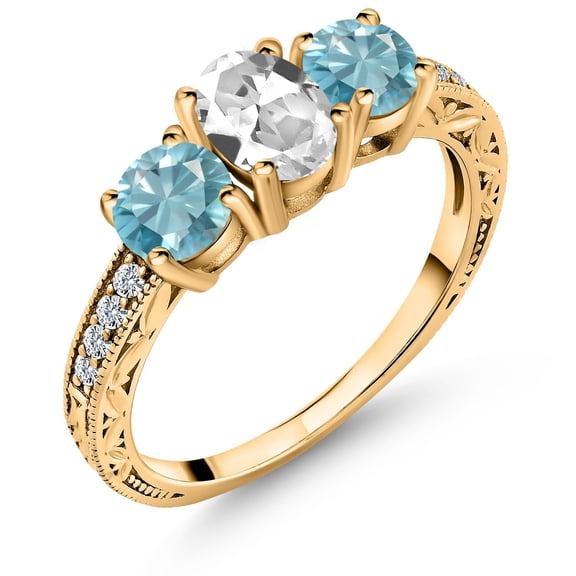 Gem Stone King 2.82 Ct Oval White Created Sapphire Blue Zircon 18K Yellow Gold Plated Silver Ring (Size 9)