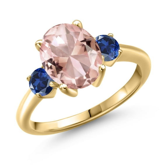 Gem Stone King 2.82 Ct Peach Nano Morganite Blue Created Sapphire 18K Yellow Gold Plated Silver Ring