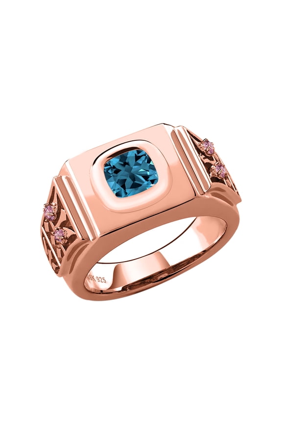 2.83 Ct London Blue Topaz Pink Lab Grown Diamond 18K Rose Gold Plated Silver Men's Ring (Size 8)