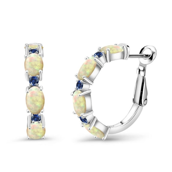 Gem Stone King 2.83 Ct Oval Cabochon White Ethiopian Opal Blue Created Sapphire 925 Silver Hoop Earrings