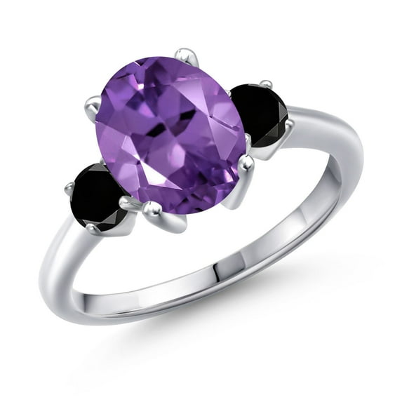 Gem Stone King 2.84 Ct Oval Purple Amethyst Black Diamond 925 Sterling Silver Ring