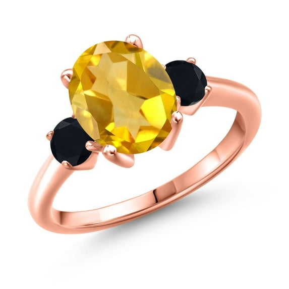 Gem Stone King 2.84 Ct Oval Yellow Citrine Black Onyx 18K Rose Gold Plated Silver Ring