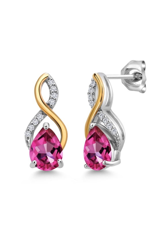 2.84 Ct Pear Shape Pure Pink Mystic Topaz E-F Lab Grown Diamond 925 Silver and 10K Yellow Gold Earrings