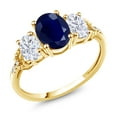 thumbnail image 1 of Gem Stone King 2.84 Cttw 10K Yellow Gold Blue Sapphire White Moissanite and Diamond 3-Stone Engagement Ring | Gemstone Birthstone | Three Stone Wedding Anniversary Promise Ring for Women (Size 6), 1 of 5
