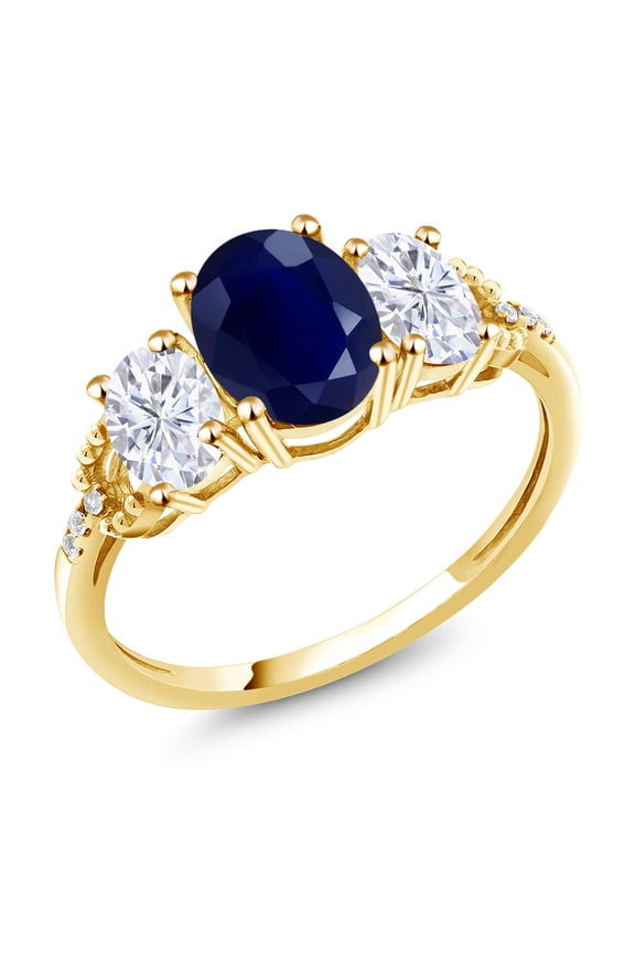 2.84 Cttw 10K Yellow Gold Blue Sapphire White Moissanite and Diamond 3-Stone Engagement Ring | Gemstone Birthstone | Three Stone Wedding Anniversary Promise Ring for Women (Size 9)