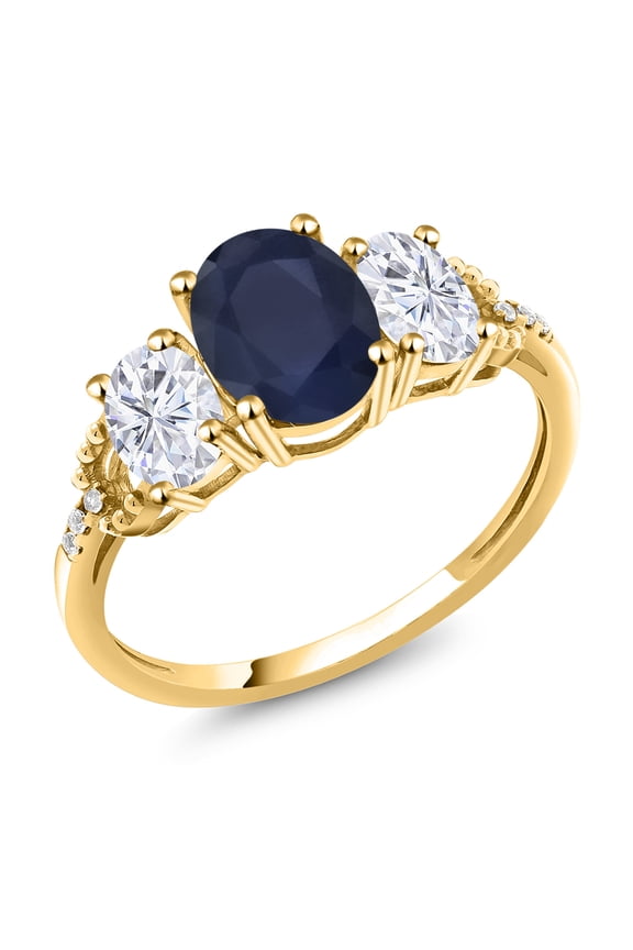 2.84 Cttw 10K Yellow Gold Blue Sapphire White Moissanite and Diamond 3-Stone Engagement Ring | Gemstone Birthstone | Three Stone Wedding Anniversary Promise Ring for Women (Size 8.5)