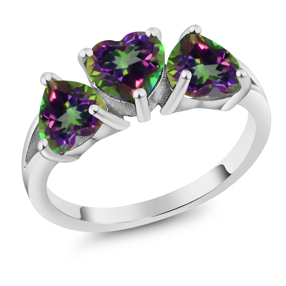 Gem Stone King 2.85 Ct Heart Shape Green Mystic Topaz 925 Sterling Silver 3-Stone Ring