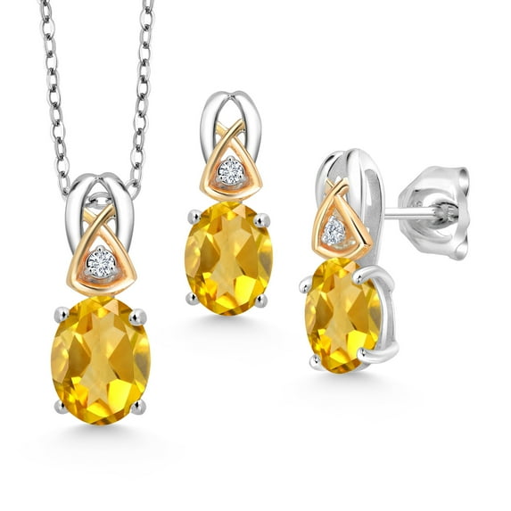 Gem Stone King 2.85 Ct Yellow Citrine 925 Silver and 10K Yellow Gold Pendant and Earrings Jewelry Set
