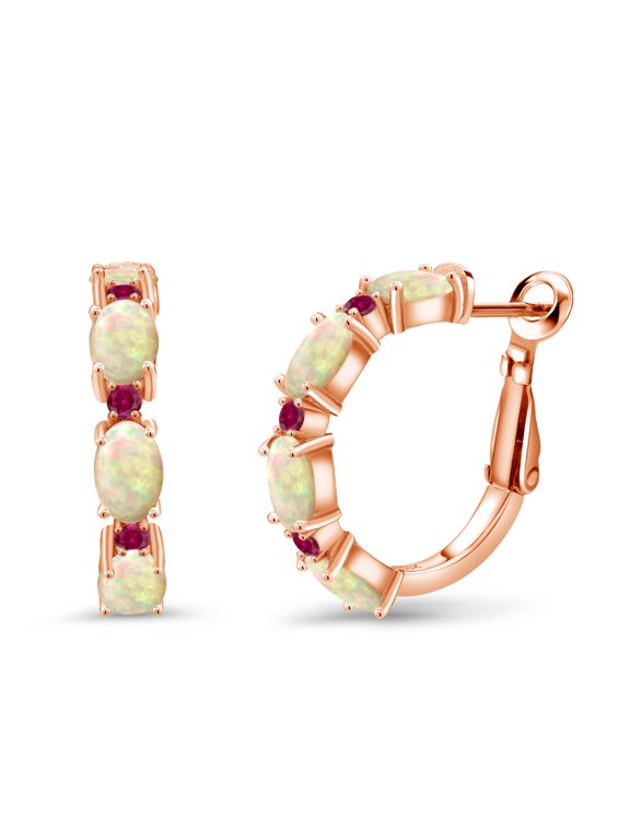 2.86 Ct Oval Cabochon White Ethiopian Opal Red Created Ruby 18K Rose Gold Plated Silver Hoop Earrings