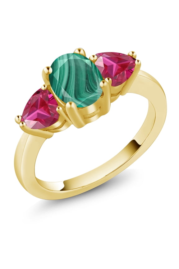 2.86 Ct Oval Green Malachite Red Created Ruby 18K Yellow Gold Plated Silver Ring (Size 5)