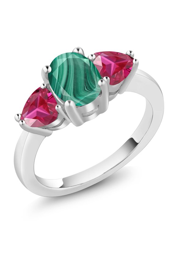 2.86 Ct Oval Green Malachite Red Created Ruby 925 Sterling Silver Ring (Size 5)