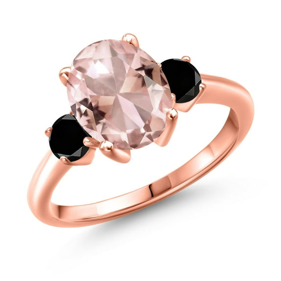 Gem Stone King 2.86 Ct Oval Peach Nano Morganite Black Diamond 18K Rose Gold Plated Silver Ring