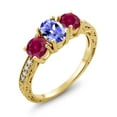 thumbnail image 1 of Gem Stone King 2.87 Ct Oval Blue Tanzanite Red Created Ruby 18K Yellow Gold Plated Silver Moissanite Ring (Size 8), 1 of 4