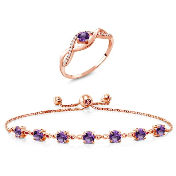 Gem Stone King 2.87 Ct Round Purple Amethyst 18K Rose Gold Plated Silver Ring and Bracelet Jewelry Set (Size 5)