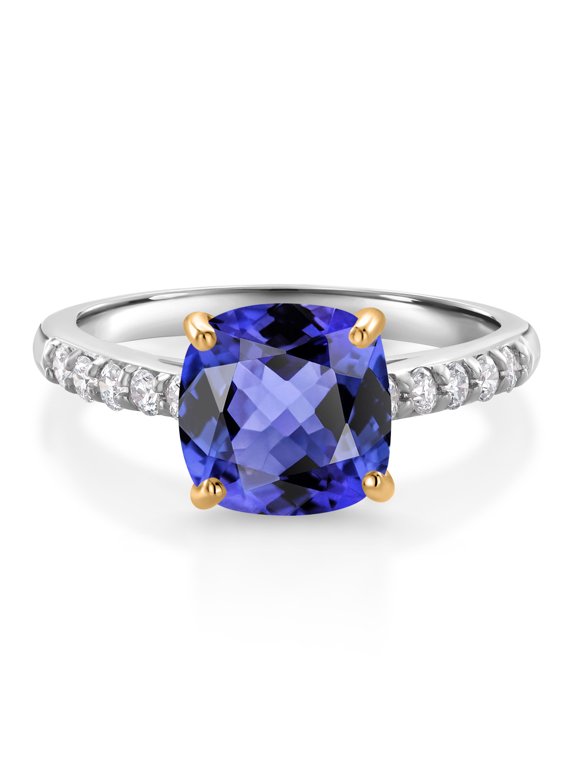 2.90 Ct Blue Tanzanite G/H Lab Grown Diamond 10K White Gold Engagement Ring with Yellow Gold Prongs (Size 7)