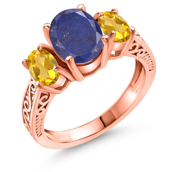 Gem Stone King 2.90 Ct Oval Blue Lapis Yellow Citrine 18K Rose Gold Plated Silver Ring (Size 7)