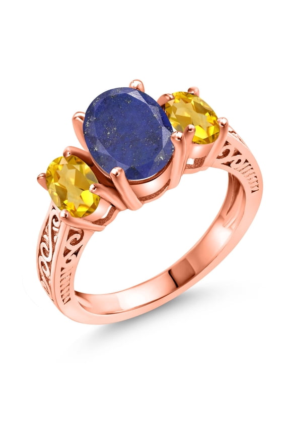 2.90 Ct Oval Blue Lapis Yellow Citrine 18K Rose Gold Plated Silver Ring (Size 6)