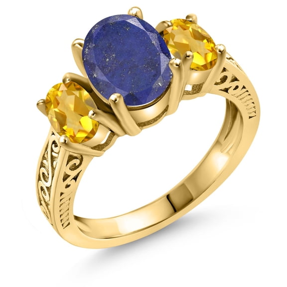 Gem Stone King 2.90 Ct Oval Blue Lapis Yellow Citrine 18K Yellow Gold Plated Silver Ring (Size 7)