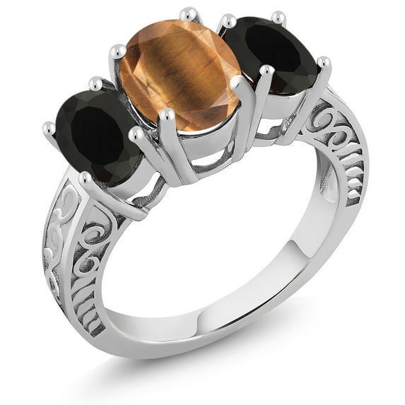 Gem Stone King 2.90 Ct Oval Brown Tiger Eye Black Onyx 925 Sterling Silver Ring (Size 7)