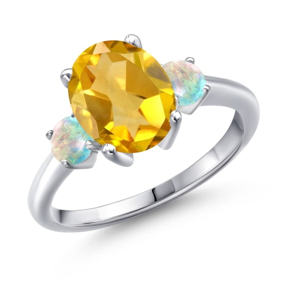 Gem Stone King 2.90 Ct Oval Yellow Citrine White Simulated Opal 925 Sterling Silver Ring (Size 7)